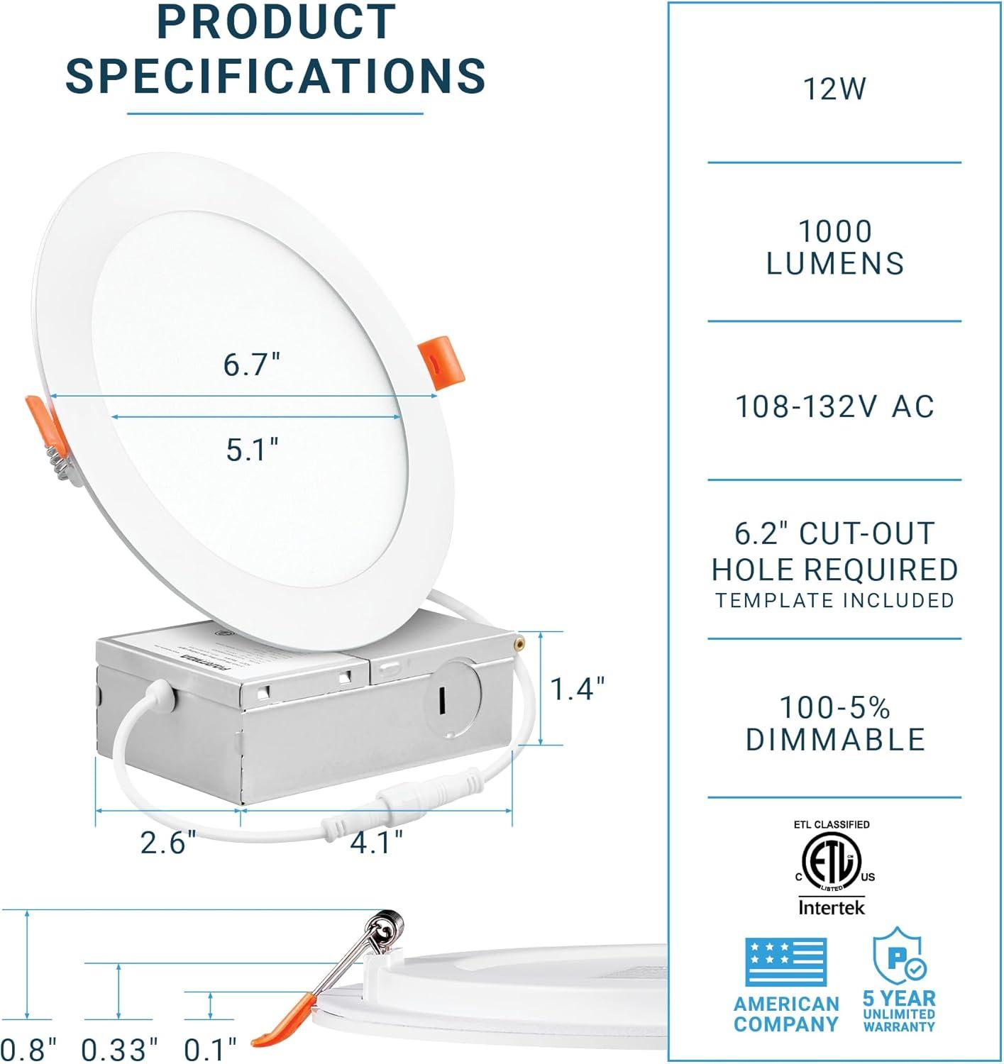 (12 Pack) 6 Inch Ultra-Thin LED Recessed Ceiling Light with Junction Box, 12W, Dimmable Canless Wafer Slim Panel Downlight, IC Rated, ETL-Listed - 4000K