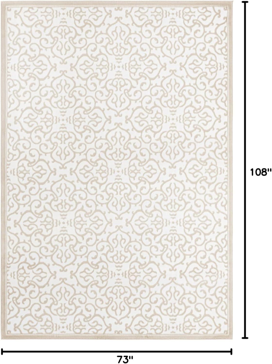 Snow White and Beige 6' x 9' Stain-Resistant Synthetic Area Rug