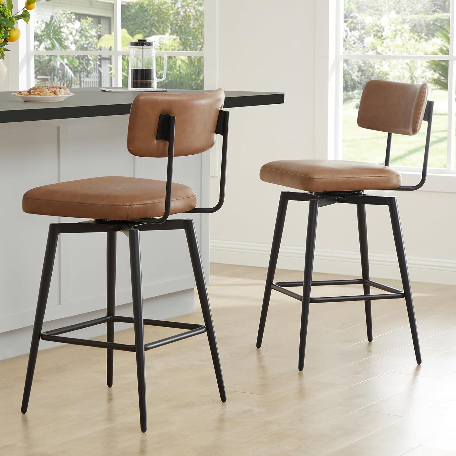 Watson & Whitely Swivel Counter Height Bar Stool Chairs Set of 2, 27.4" Faux Leather Upholstered Counter Stools with Back and Metal Frame, Saddle Brown