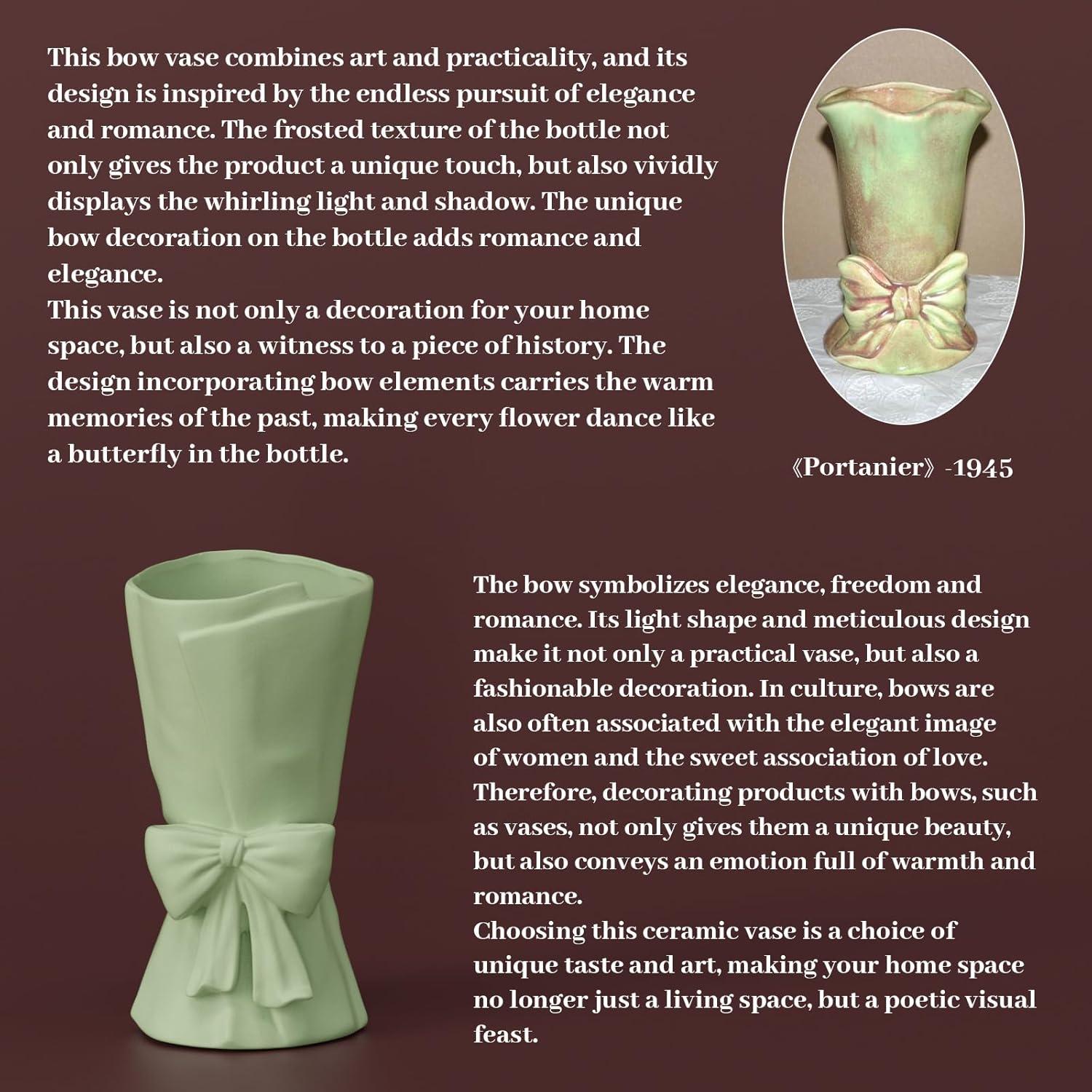 Green Ceramic Bow Vase 9.64 in Unique Cute Modern Decorative Bouquet Flower Vases for Home Living Room Table Decor Women Girl Gifts