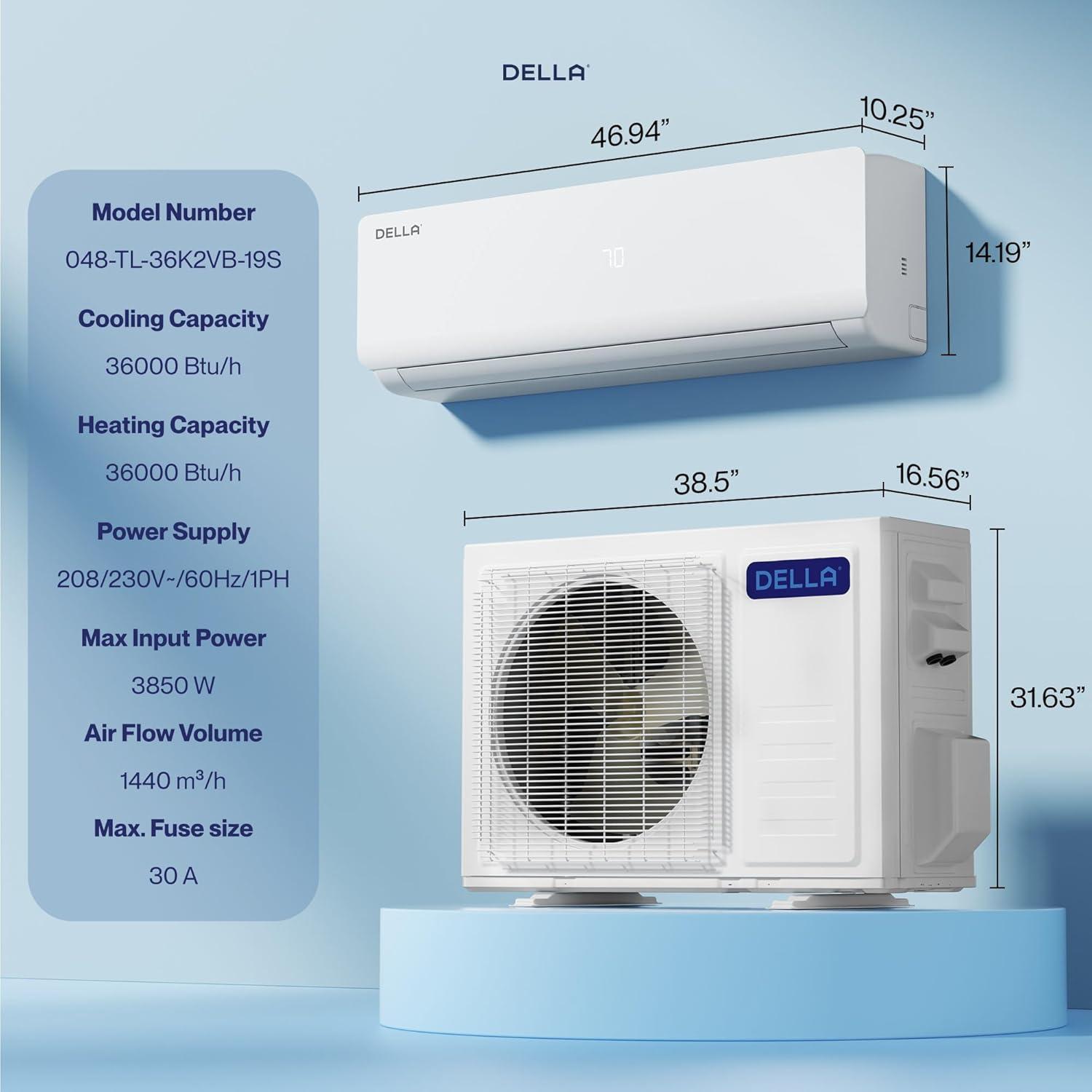 DELLA Vario Series 36,000 BTU 3 Ton 19 SEER2 Ductless Mini Split AC, Pre-Charged Heat Pump, Energy Efficient Inverter System, Work with Alexa, Cools up to 2500 Sq.Ft, 16.4ft Installation Kit