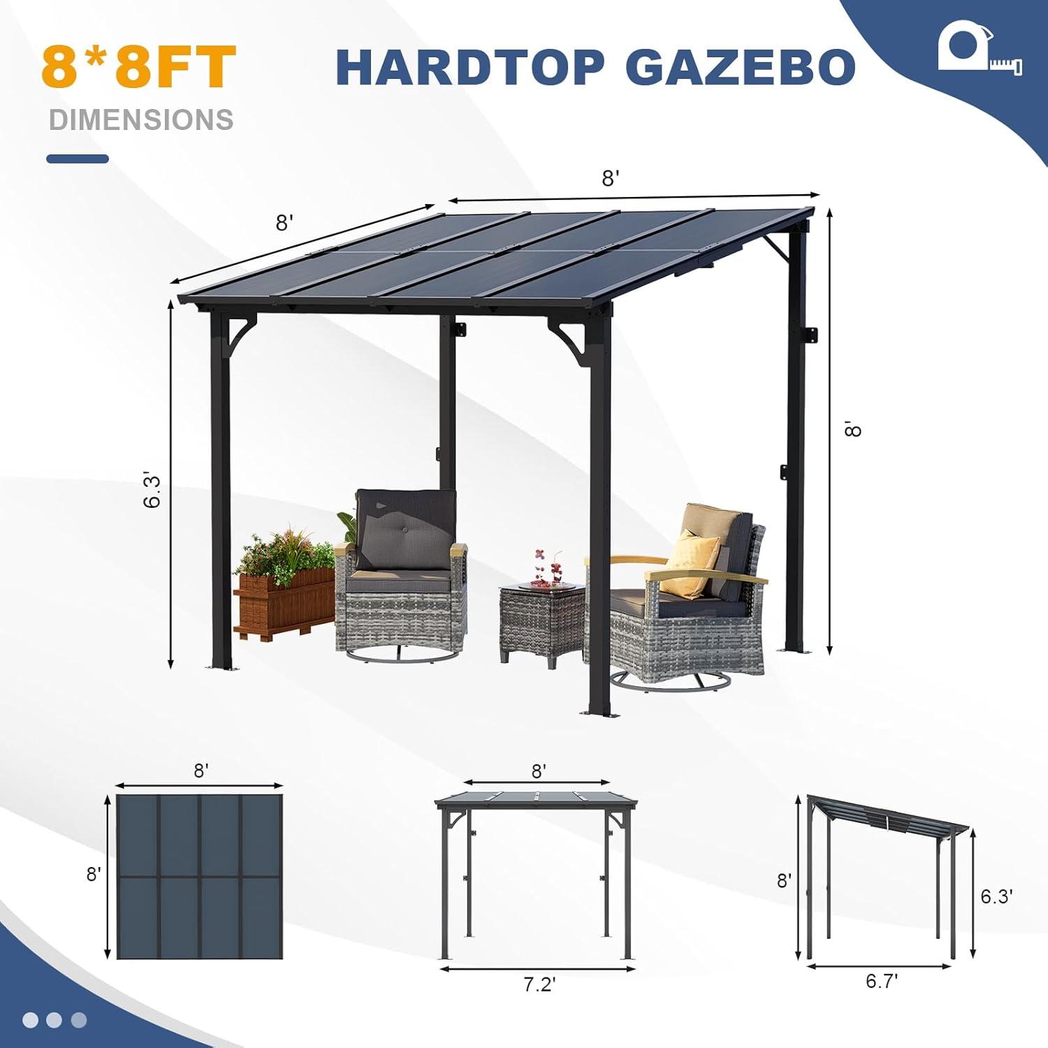 MEISSALIVVE Gazebo, Wall Mounted Gazebo, Lean To Metal Awnings Gazebos, Gazebo Pergola With Sloped Roof, Outdoor Patio Gazebo Awning For Backyard, Deck