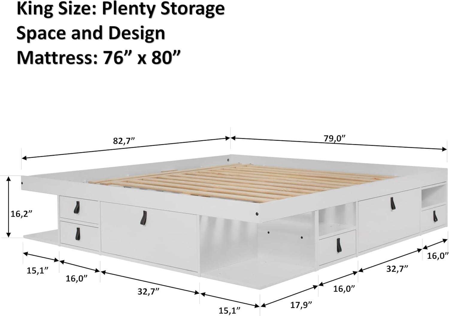 Memomad Bali Storage Platform Sturdy Bed Frame with Drawers & More (King Size, White Wood)