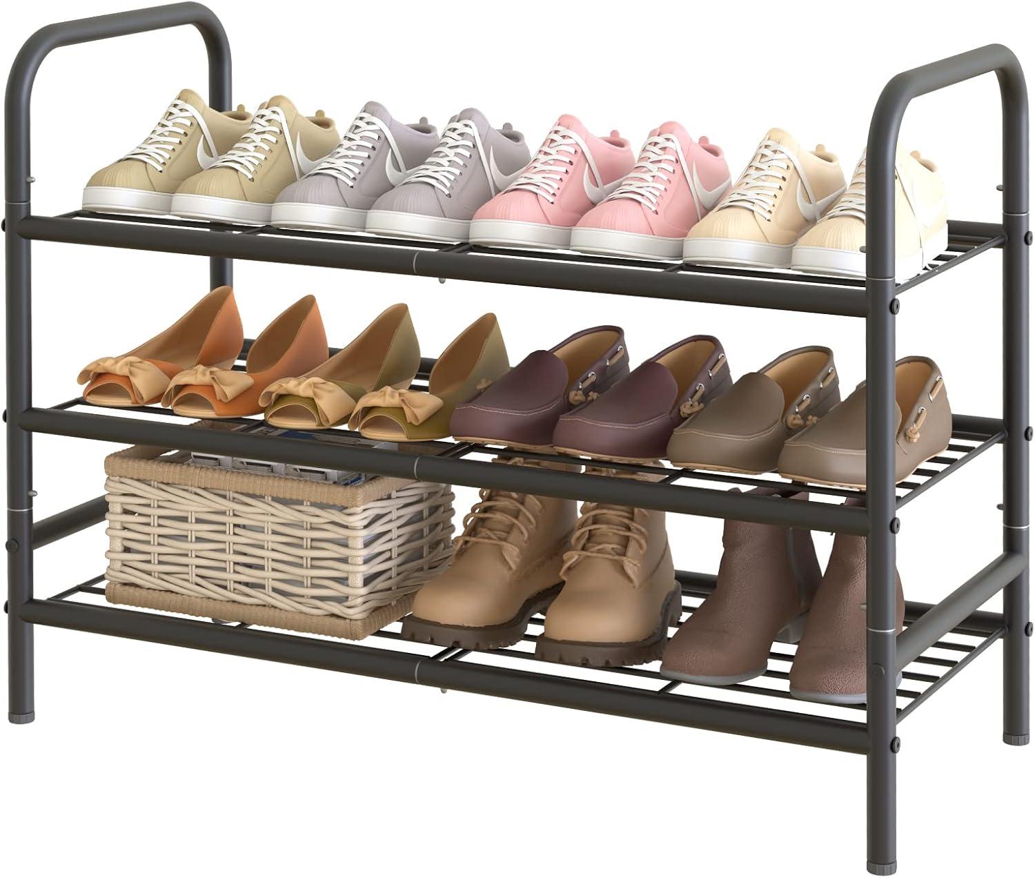 YASONIC Shoe Rack Storage Organizer, 3-Tier Black Shoe Shelf, 24 Pairs, Iron Poles & Plastic Connectors