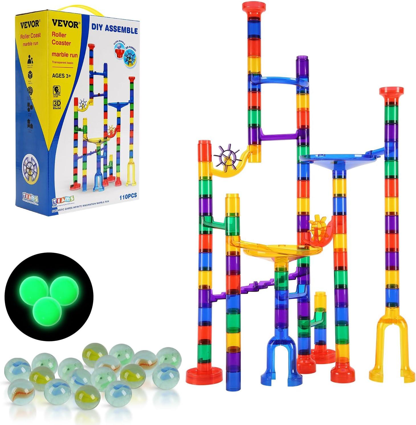VEVOR Marble Run Set, 110 Piece Marble Maze Building Block Brain Game, with 10 Glow in the Dark Marbles + 20 Glass Marbles