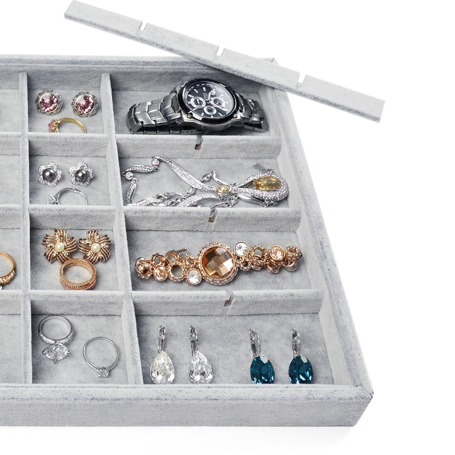 Coofanin Jewelry Box Jewelry Tray Stackable Display Drawer Showcase Organizer Storage Holder for Ring Earring Bracelet Gray Velvet 24 Grid (Grey )