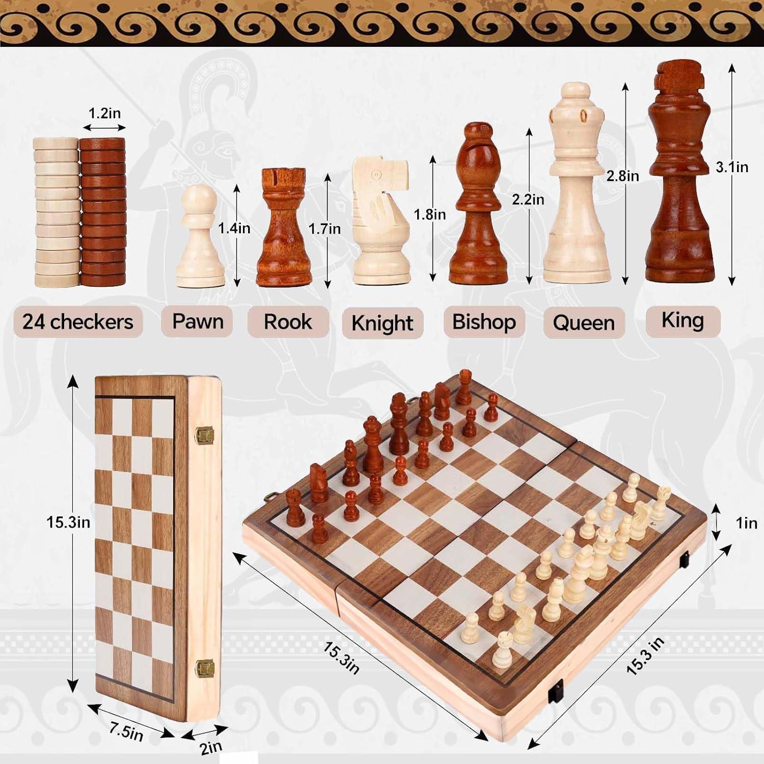 KiddiTouch 15 inch Magnetic Wooden Chess Set 2 in 1 Folding Chess Board Travel Chess Games for Adults and Kids-2 Extra Queen Pieces