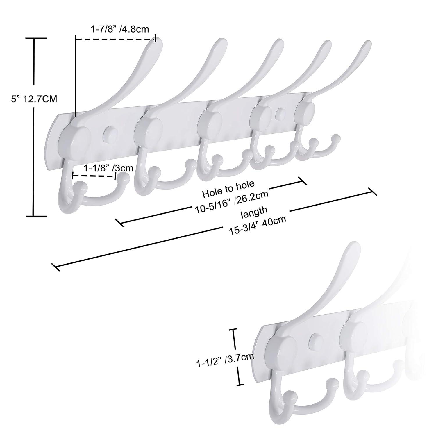 Dseap Coat Rack Wall Mount - 38” Long 10-Tri-Hooks Heavy Duty Coat Hanger Rail Wall Hooks for Hanging Coats Hats Clothing Clothes Purse Mudroom Entryway, White