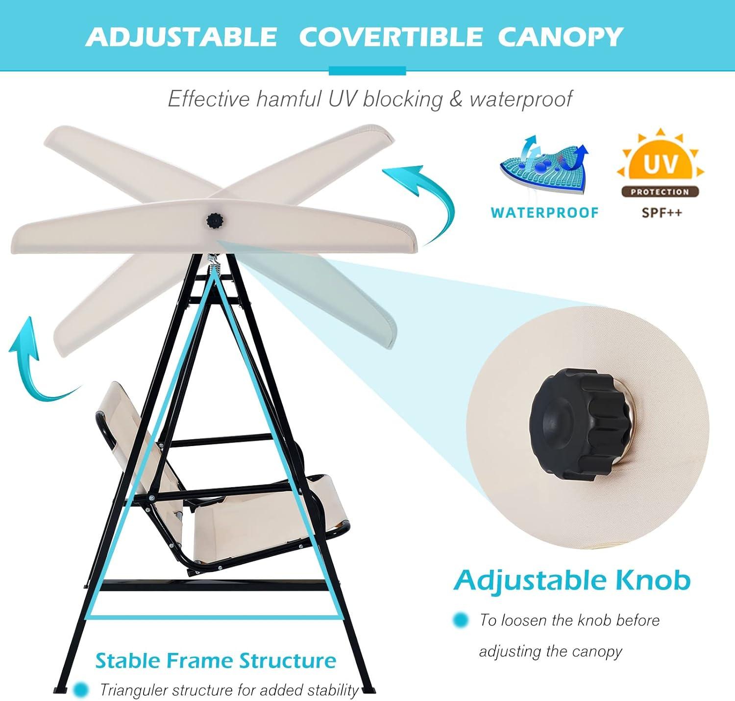 AECOJOY 2-Seat Porch Swing Chair, Patio Swing Chair w/ Cushions Beige