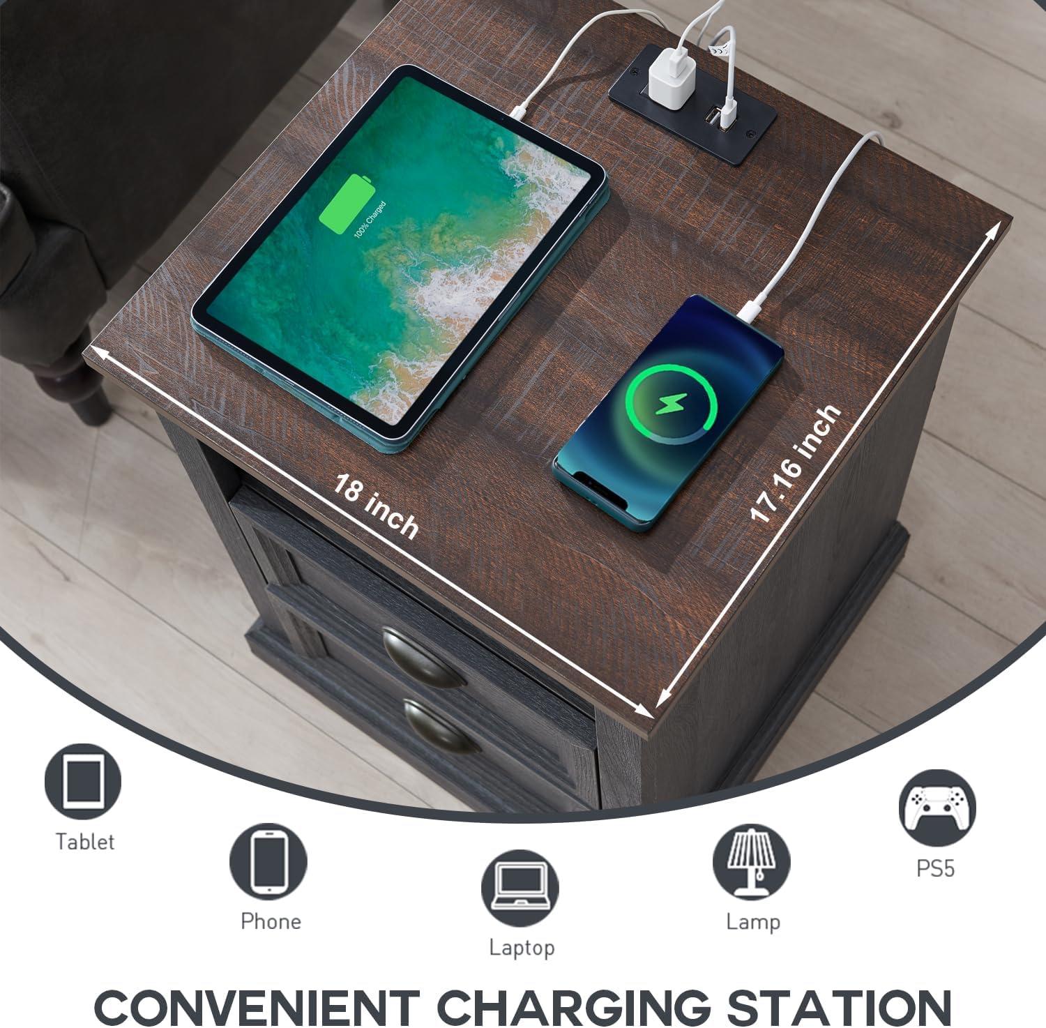 Dark Gray 2-Drawer Wood Nightstand with Charging Station