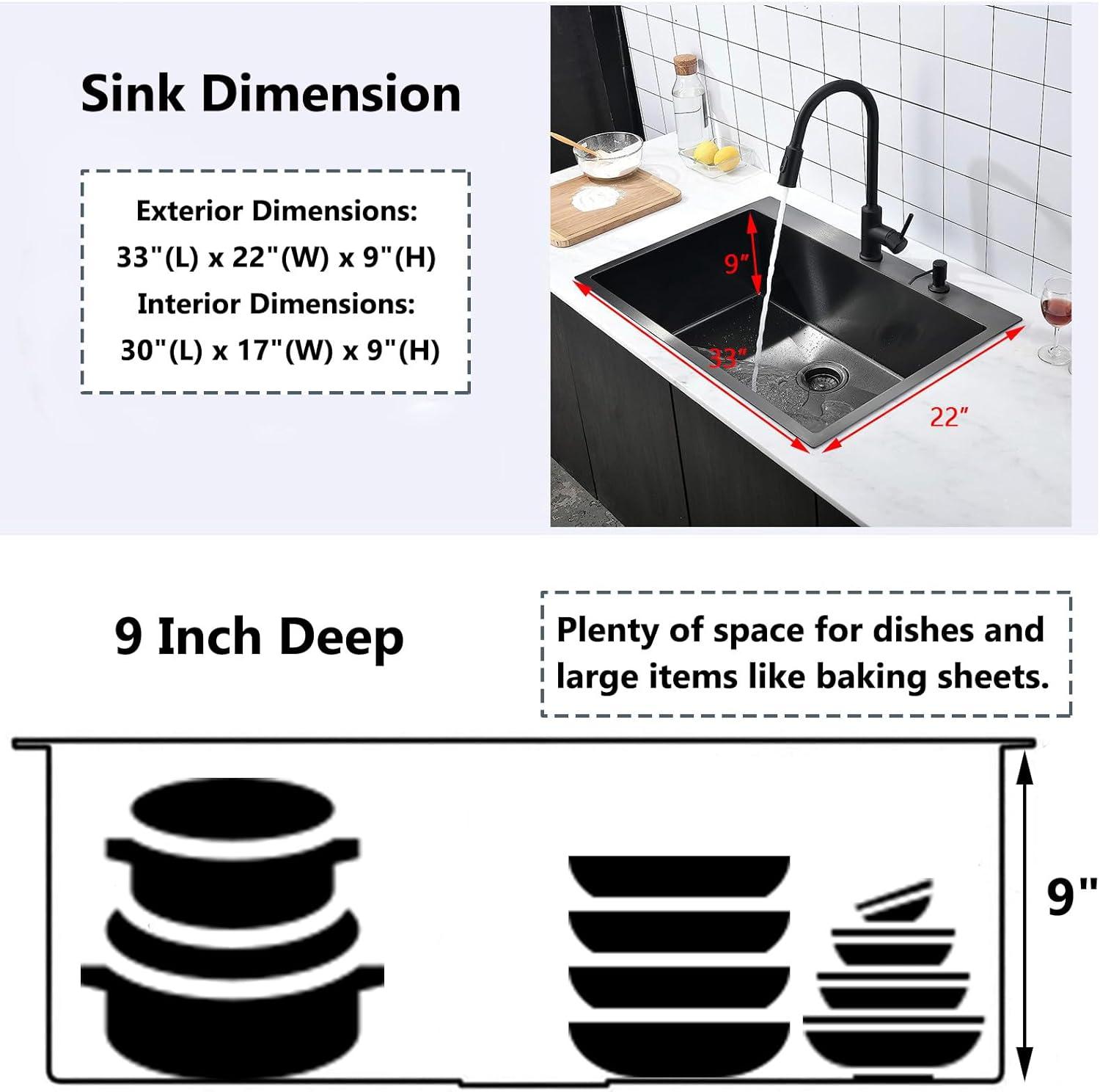 Sinber 33" x 22" Drop-In Single Bowl Kitchen Sink with 18 Gauge 304 Stainless Steel Polished Black Finish