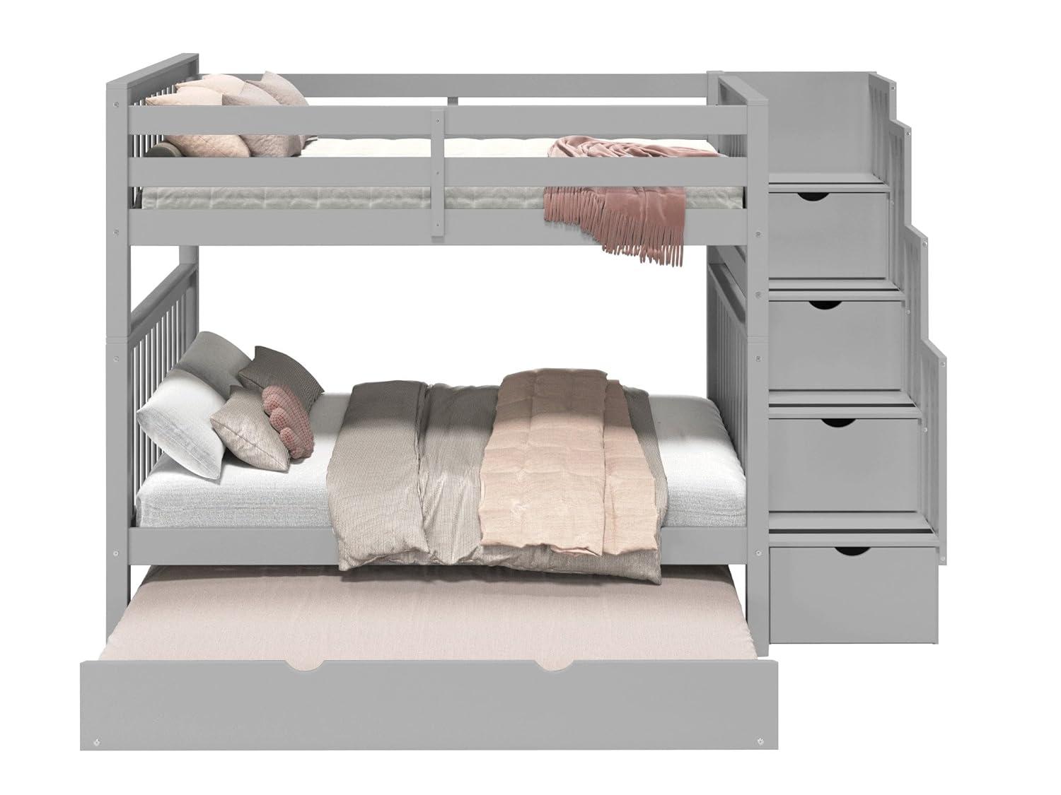 Bedz King Stairway Bunk Beds Full over Full with 4 Drawers in the Steps and a Full Trundle, Gray