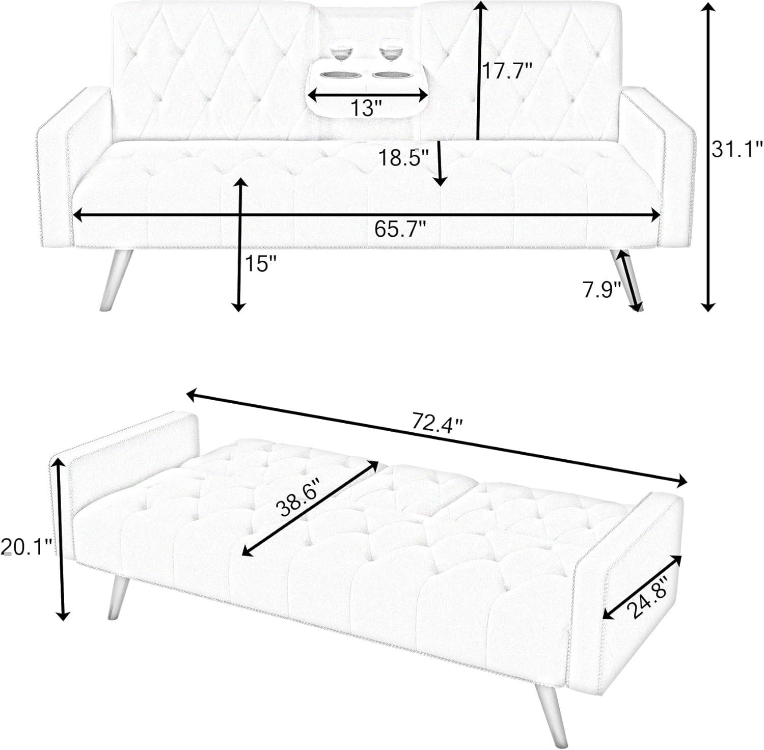 Modern Futon Sofa Bed, Armrest With Nail Head Trim, Convertible Sofa Bed, with 2 Cup Holders, 72" Velvet Loveseat Sofa Couch, Upholstered Sleeper Sofa Bed for Small Space