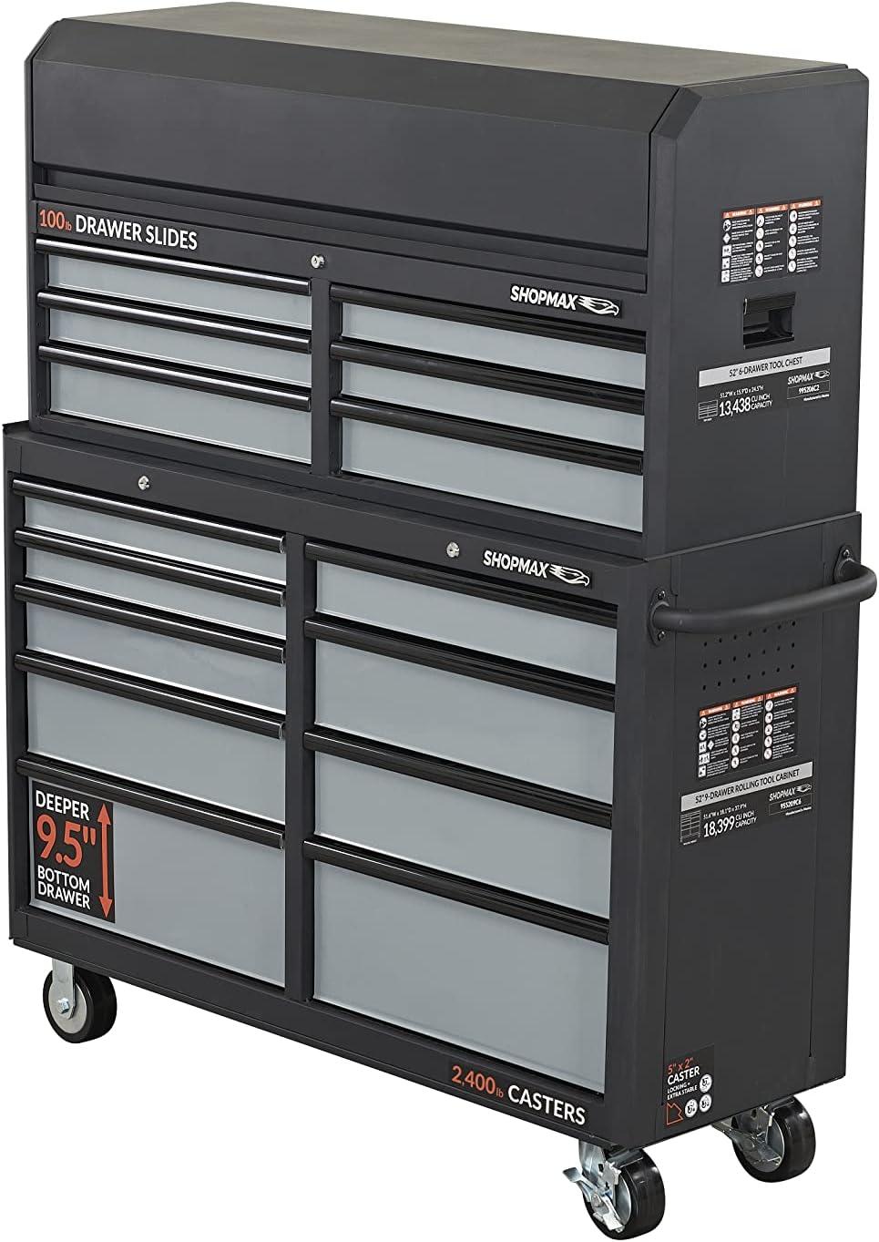 SHOPMAX, 100 lb, 52" Steel 15-Drawer Tool Chest and Rolling Cabinet Black