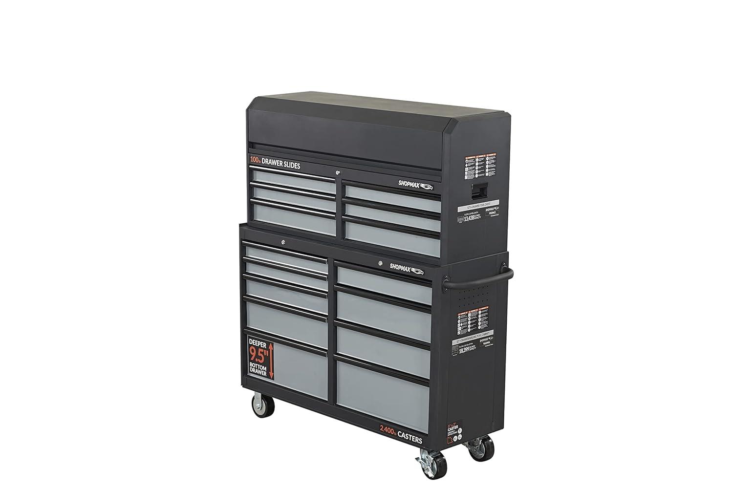 SHOPMAX, 100 lb, 52" Steel 15-Drawer Tool Chest and Rolling Cabinet Black