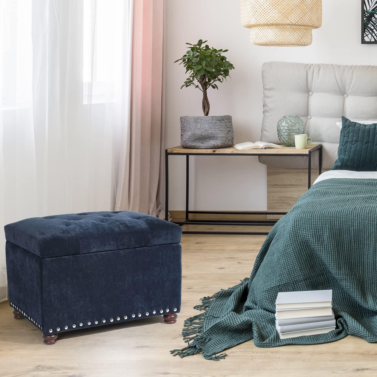 ZWNLKQG Ottoman Linen Button Tufted Bench with   Rectangular Footrest Stool Coffee Table Seat for Living Room Bedroom  Ice Blue