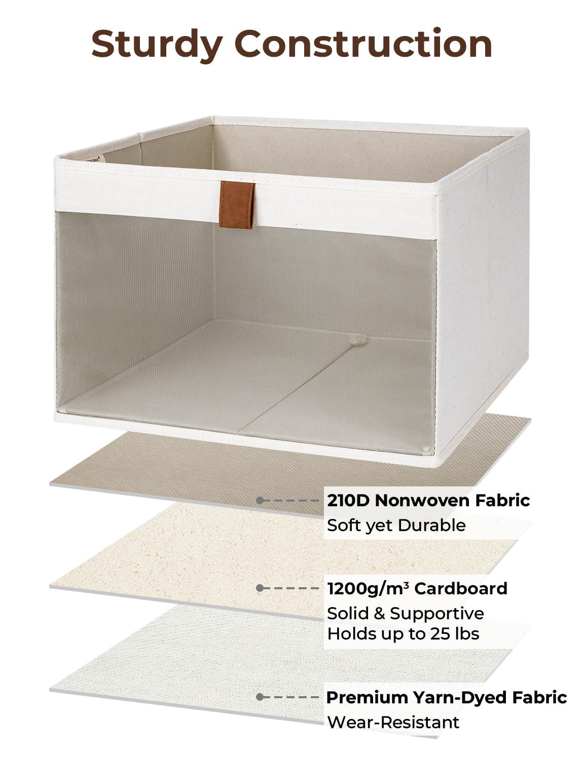 Closet Storage Bins with Clear Window and 2 Handles, Foldable Clothing Bins for Shelves, Large Fabric Organizer, Beige, 3 Pack