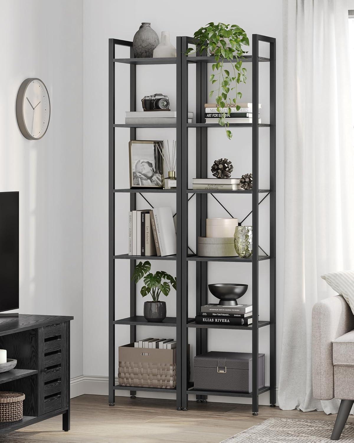 Ebony Black 6-Tier Industrial Tall Bookshelf with Steel Frame