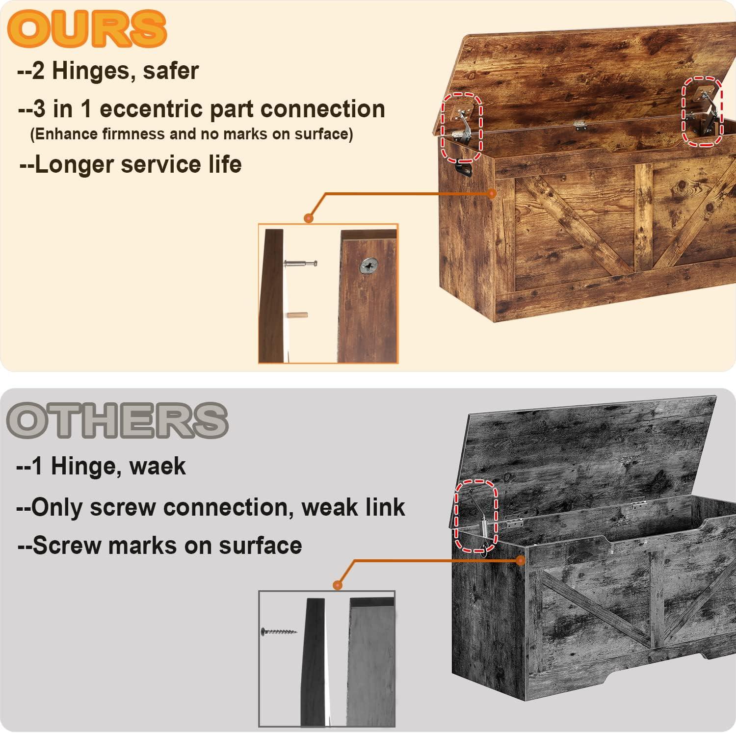 39.4" Storage Chest, Wooden Storage Bench, Large Storage Trunk with 2 Safety Hinges, Entryway Shoes Bench for Living Room, Bedroom, Rustic Brown