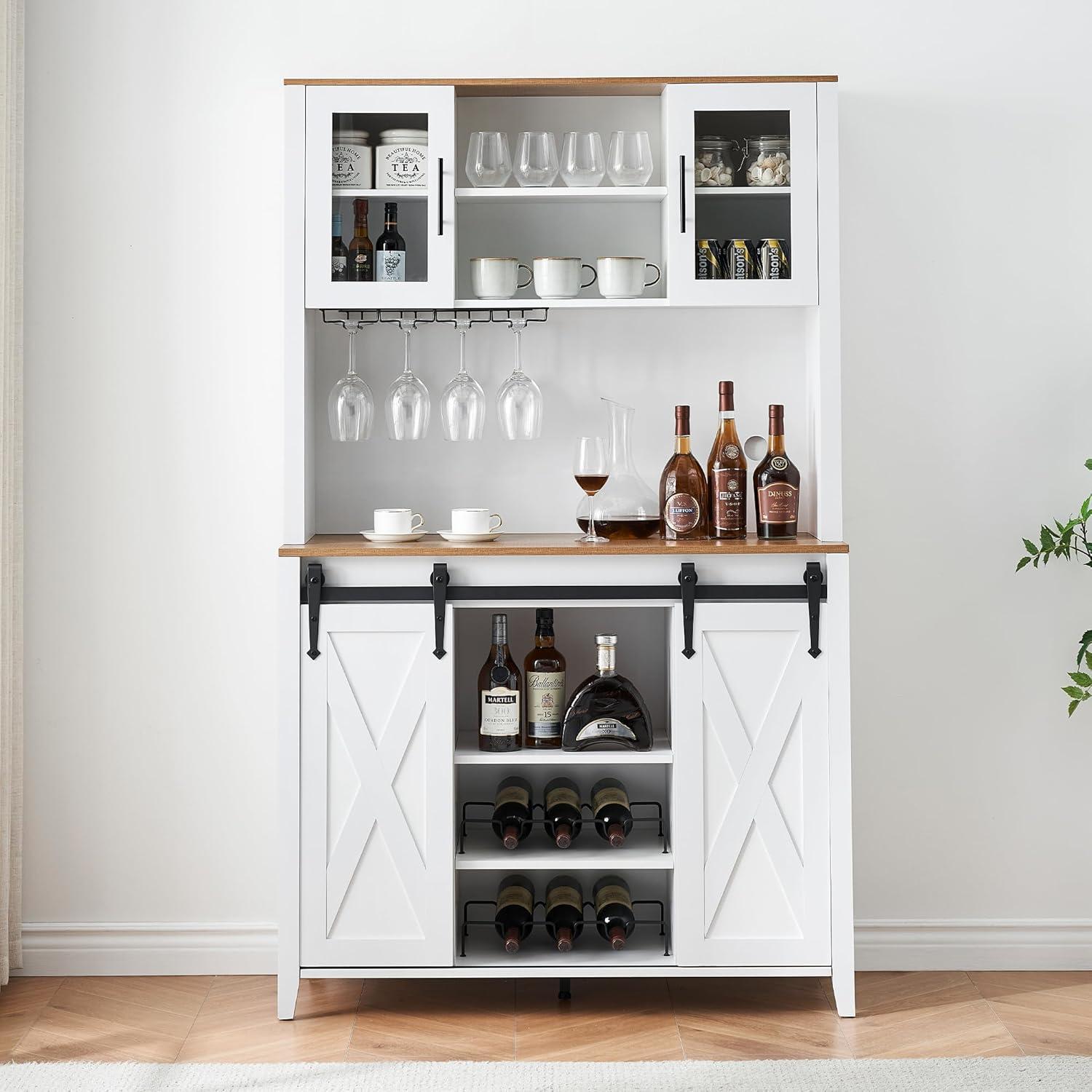 White Farmhouse Kitchen Hutch with Sliding Barn Doors and Wine Rack