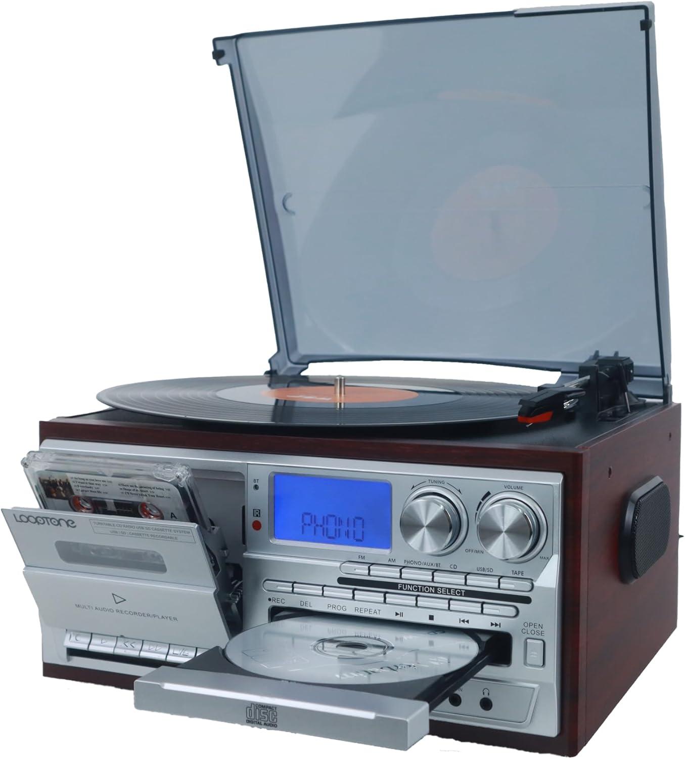 Record Player 9 in 1 3 Speed Bluetooth Vintage Turntable CD Cassette Vinyl Player AM/FM Radio USB/SD Encoding Aux-in RCA Line-Out (Silver)