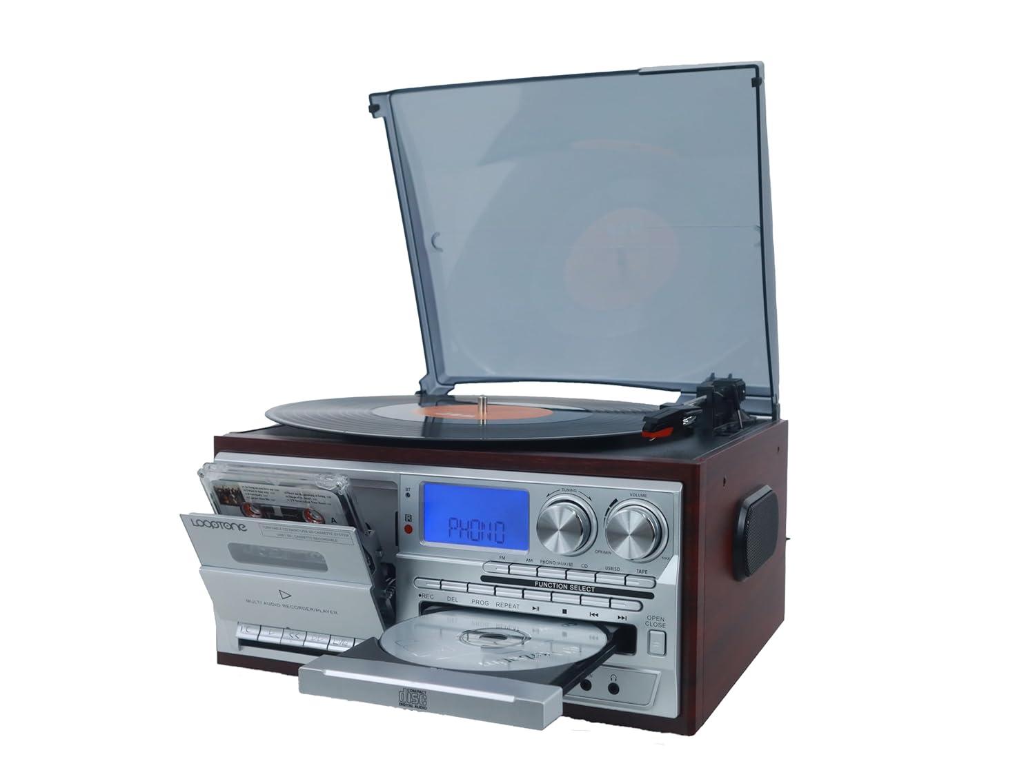 Record Player 9 in 1 3 Speed Bluetooth Vintage Turntable CD Cassette Vinyl Player AM/FM Radio USB/SD Encoding Aux-in RCA Line-Out (Silver)