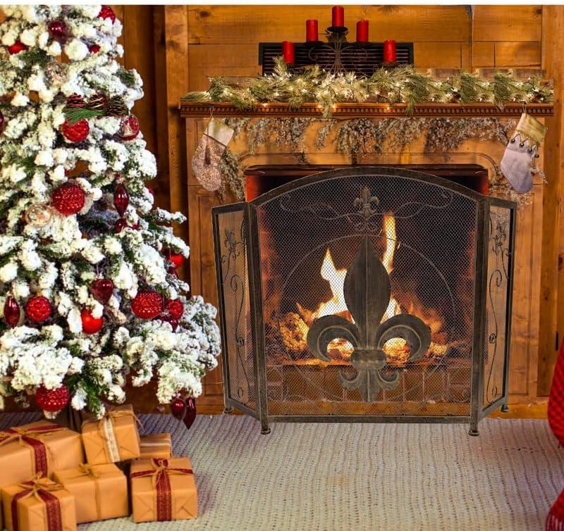 BestGiftEver 3-Panel Fireplace Screen Decorative with Fleur De Lis Design Vintage Golden Bronze Tone - Stand Alone Decorative Wrought Iron Mesh French Royal Style Fireplace Cover, Classic Home Decor