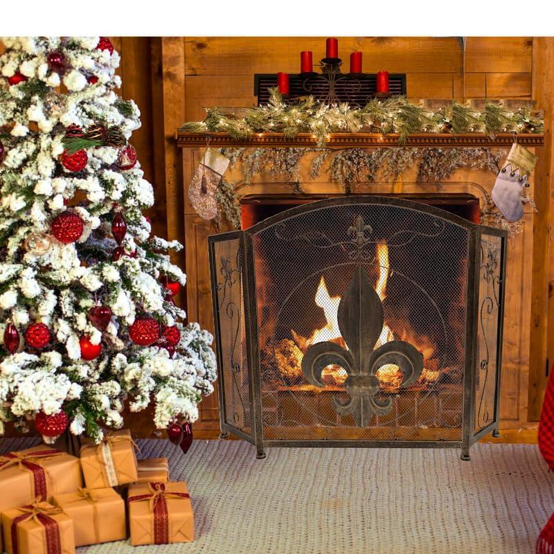 BestGiftEver 3-Panel Fireplace Screen Decorative with Fleur De Lis Design Vintage Golden Bronze Tone - Stand Alone Decorative Wrought Iron Mesh French Royal Style Fireplace Cover, Classic Home Decor