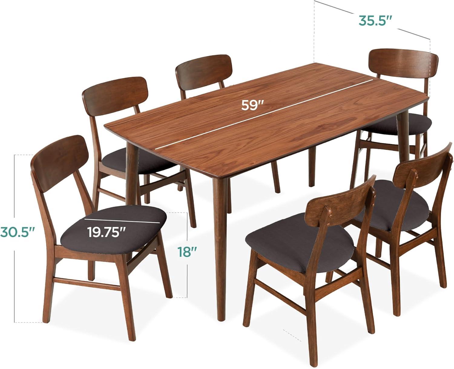 George Oliver 7-Piece Mid-Century Modern Upholstered Dining Set, Wooden Table W/ 6 Chairs - Walnut/Gray