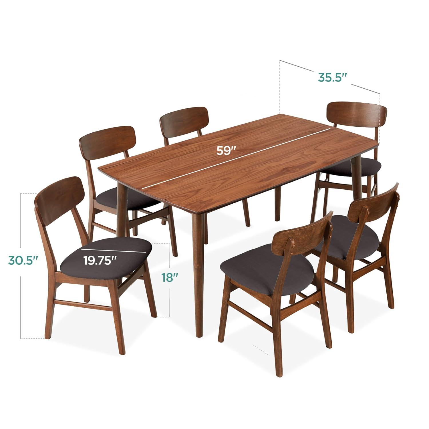 George Oliver 7-Piece Mid-Century Modern Upholstered Dining Set, Wooden Table W/ 6 Chairs - Walnut/Gray