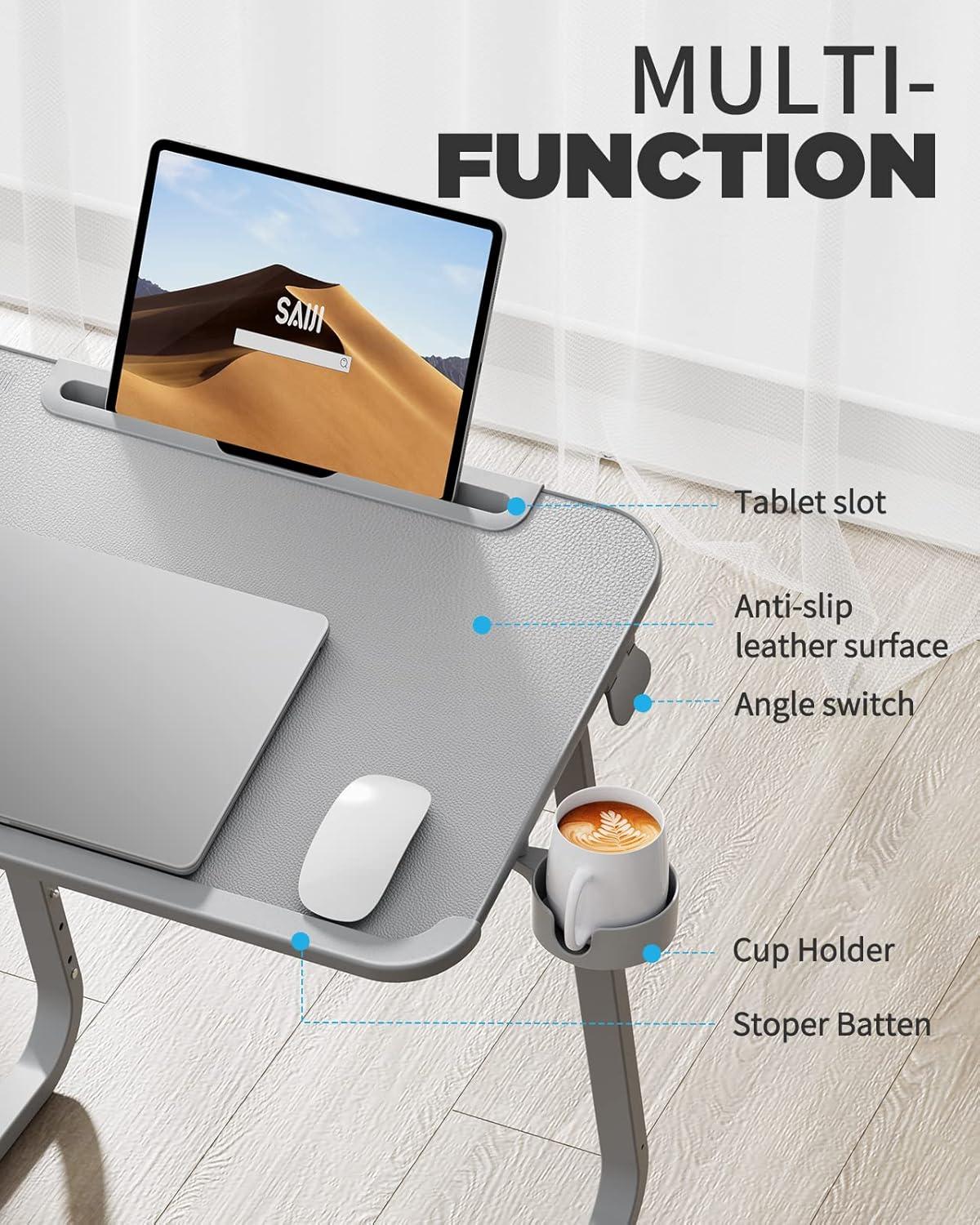 Adjustable Grey PVC Leather TV Tray Table with Cup Holder