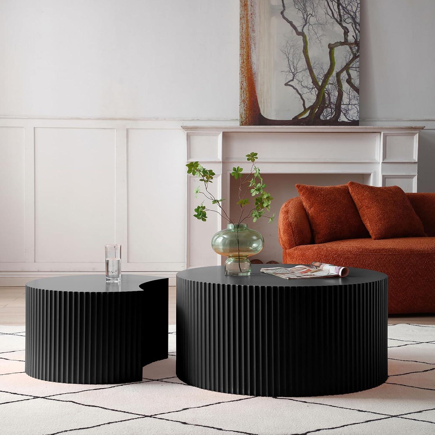 WILLIAMSPACE Nesting Coffee Table Set of 2, Matte Black Round Wooden Coffee Tables, Modern Luxury Side Tables Accent End Table for Living Room Apartment