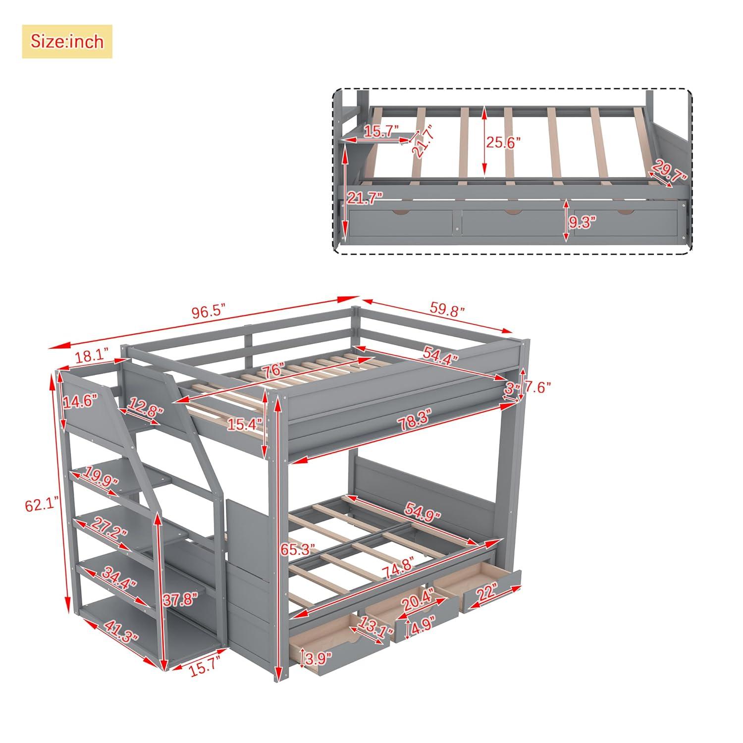 Harper & Bright Designs Full Over Full Bunk Beds with Stairs and Small Shelf, Wood Convertible Bunk Bed can be Converted into Daybed (Gray)