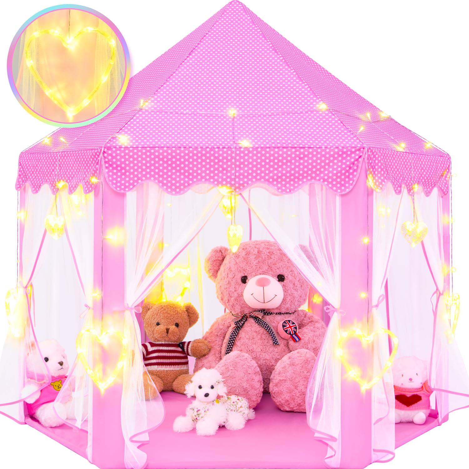EVOIONOS Princess Tent for Girls, Kids Play Tent with LED Star Lights, Castle Playhouse for Children Indoor Outdoor Games, 55X53 inches, Pink