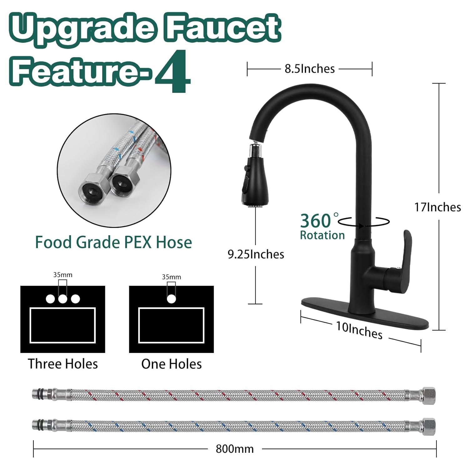 Black Kitchen Sink Faucet, Kitchen Faucet with Pull Down Sprayer, Stainless Steel Single Handle Faucet for Kitchen Sink with Deck Plate, Fitted for RV, Bar, Laundry, Apartments, Farmhouse