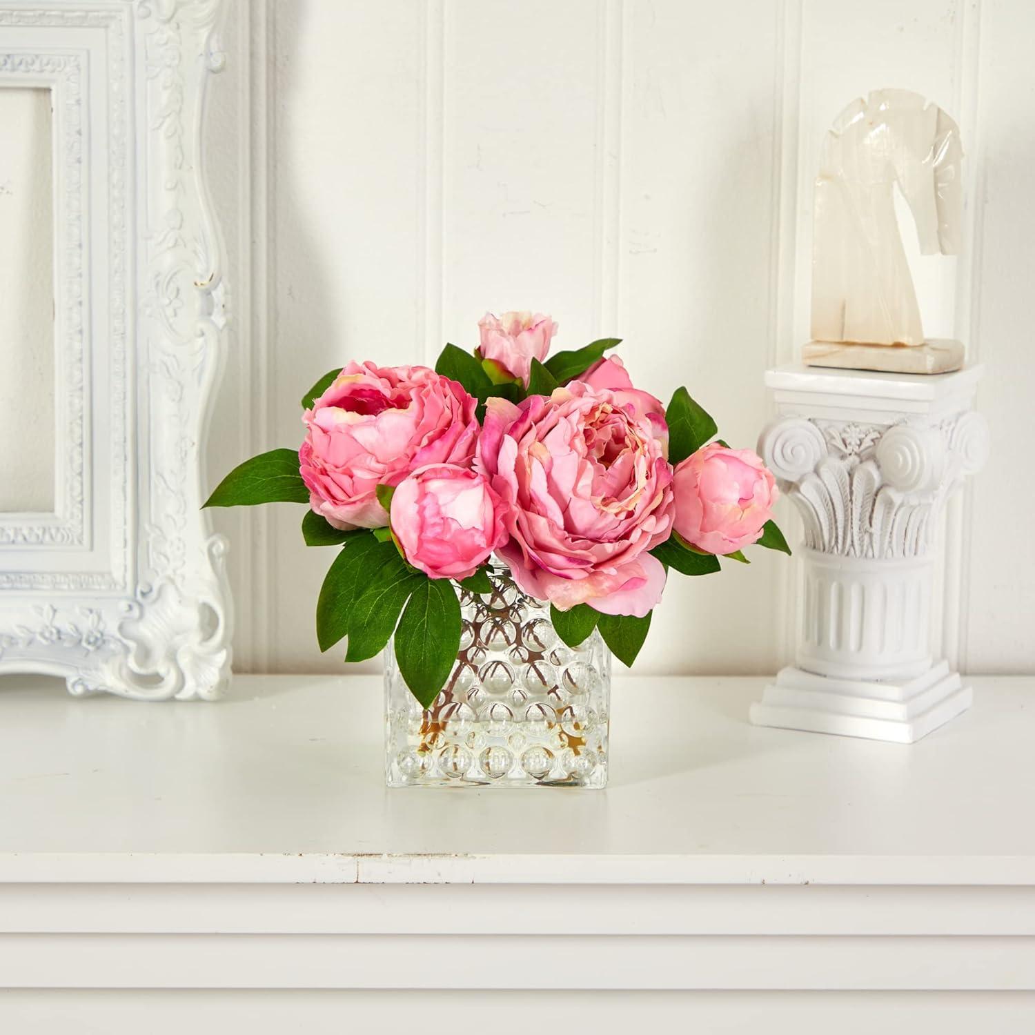 Summer Bliss Pink Peony Faux Floral Arrangement in Glass Vase