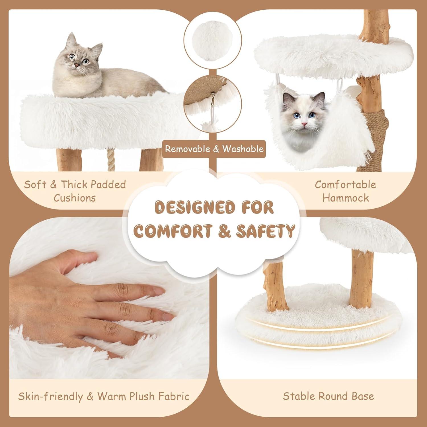 Tangkula 34" Tall Wooden Cat Tree Solid Wood Cat Tower with Jute Scratching Posts