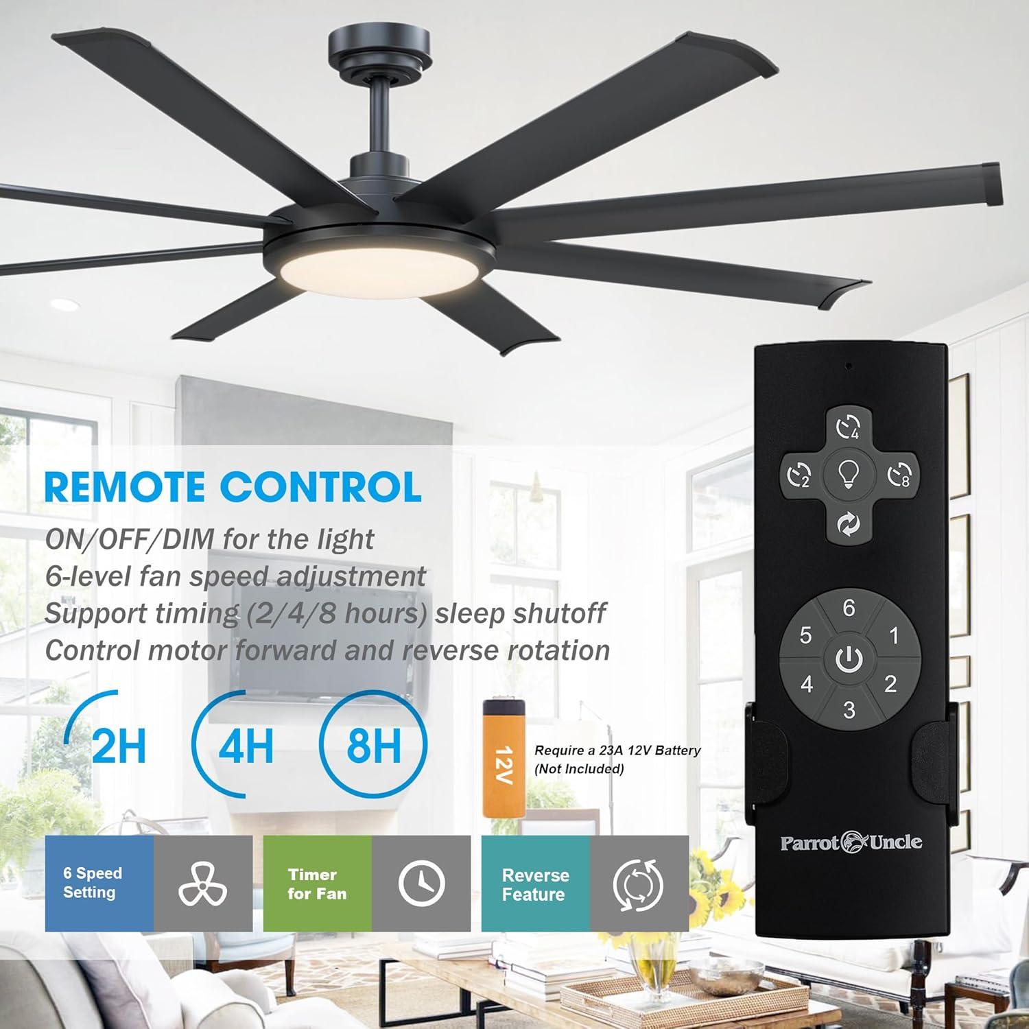 Ceiling Fans with Lights and Remote, 60 Inch Black Large Ceiling Fan for Bedroom Living Room, Modern Flush Outdoor Ceiling Fans LED Lighting, DC Motor Reversible 8 Blades, Ventilador de Techo con Luz