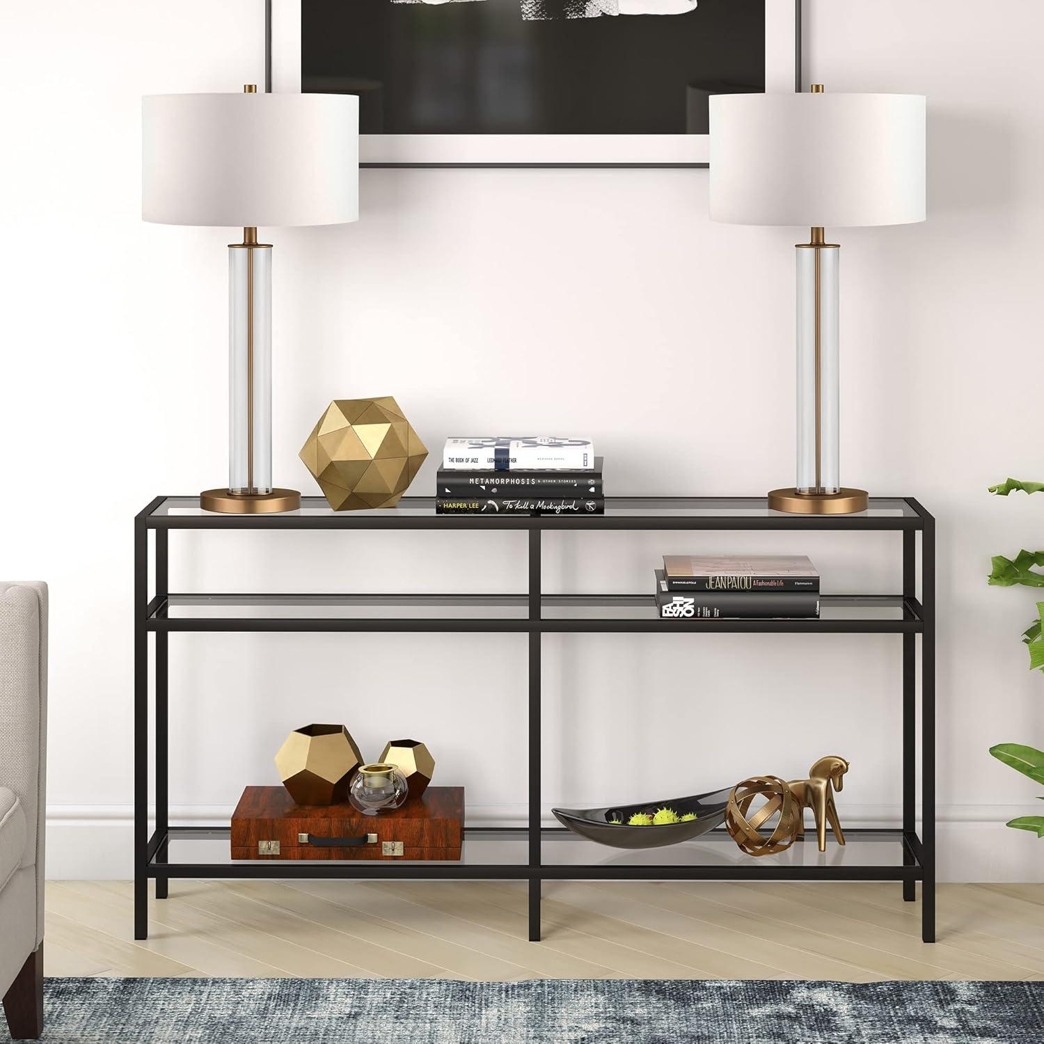 Sivil 55" Blackened Bronze and Black Metal Console Table with Glass Top