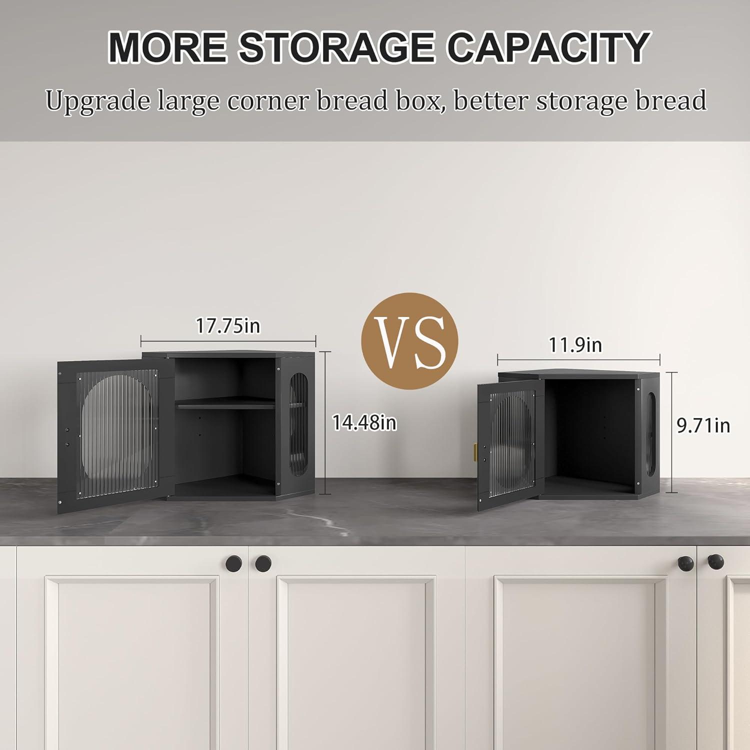 Hokku Designs Corner Bread Storage Container Double Layer Wooden Breadbox Homemade Bread Loaf Bin Farmhouse Coffee Bar Pantry Shelf With Acrylic Window, Black