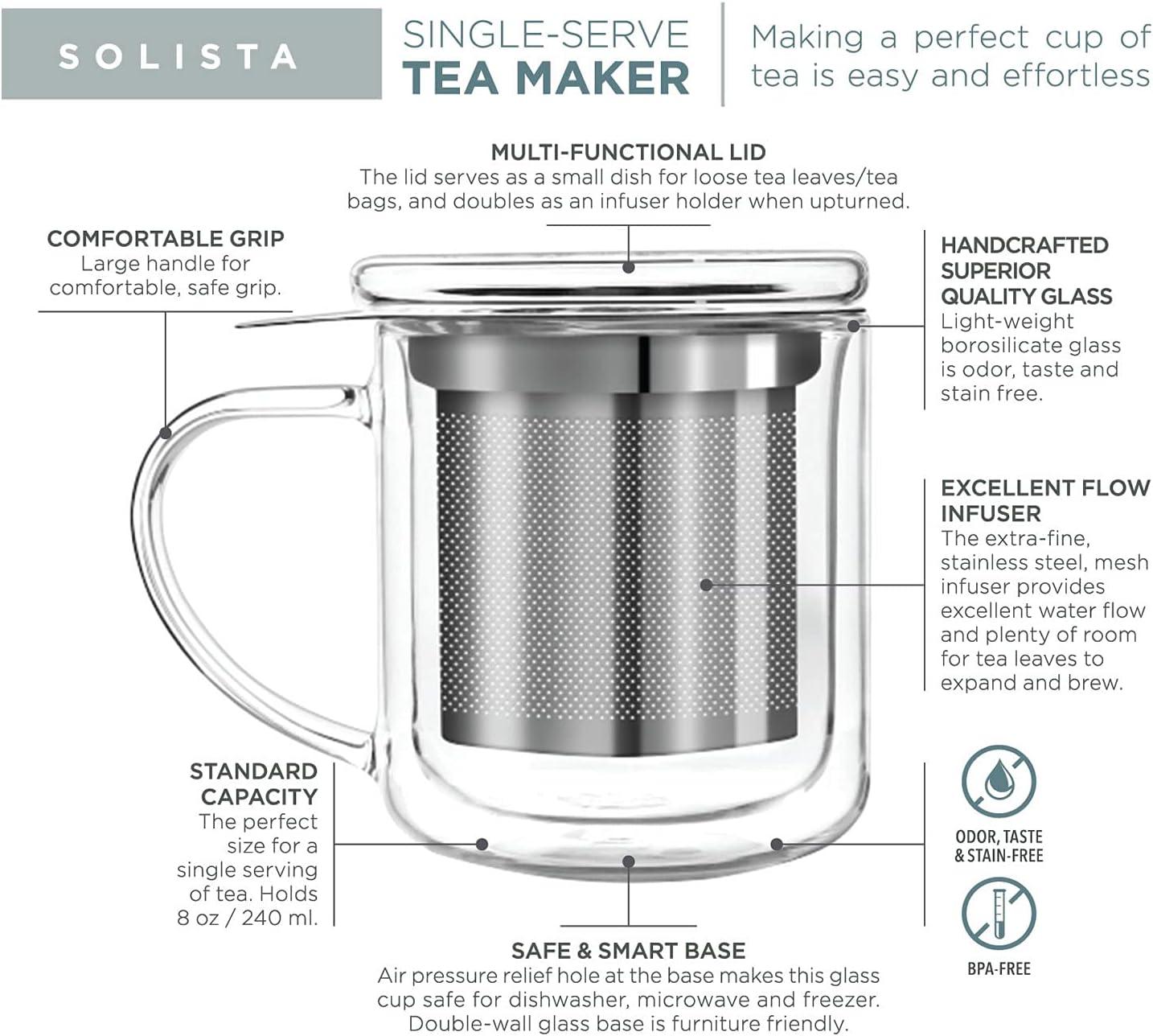Teabloom Solista Single-Serve Tea Maker - Glass Mug with Infuser and Lid