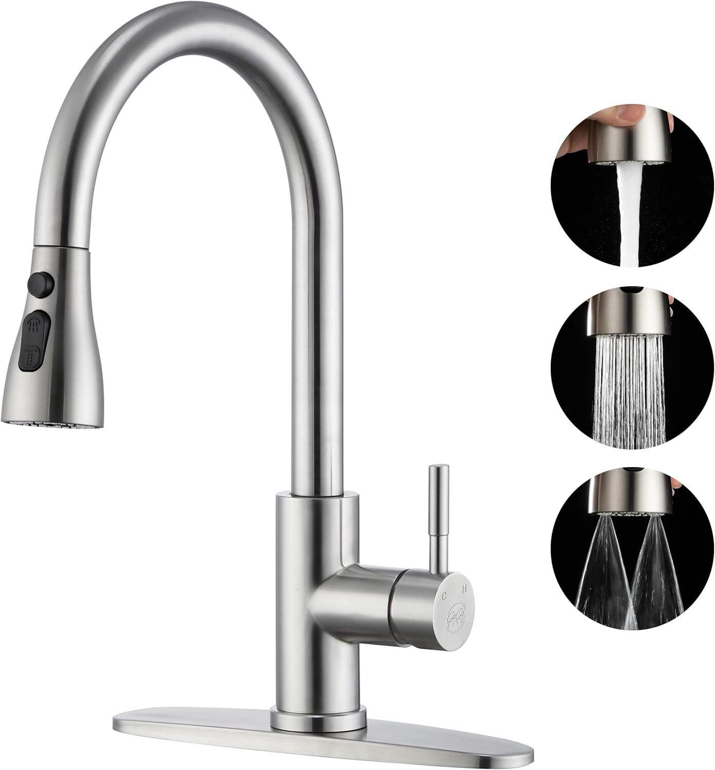 PHANCIR Kitchen Faucet with Pull Down Sprayer, High Arc Single Handle Kitchen Sink Faucets with Pause Button Premium Brushed Nickel with Deck Plate Suit to 1 or 3 Holes