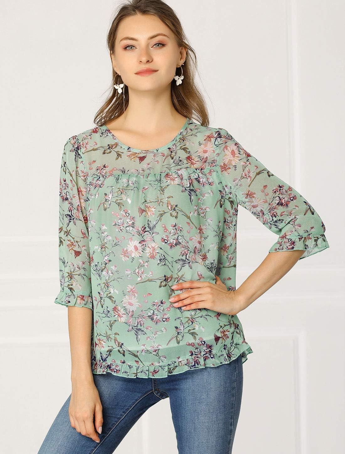 INSPIRE CHIC Women's 3/4 Sleeves Floral Chiffon Ruffle Hem Summer Shirt Blouses Tops XS Green
