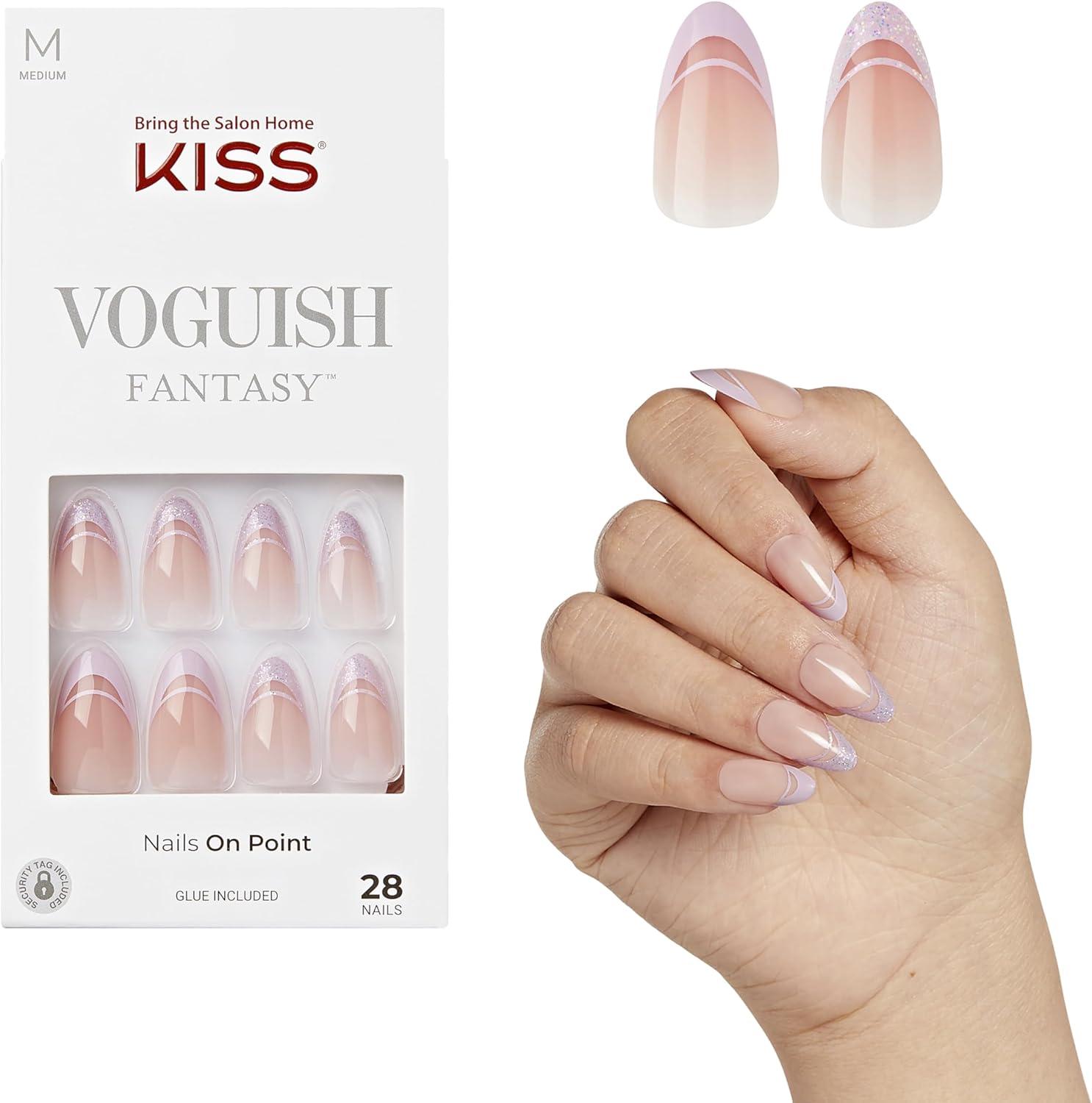 KISS Voguish Fantasy Press-On Nails, Pink, French Tips, Medium Almond, 31 Ct.