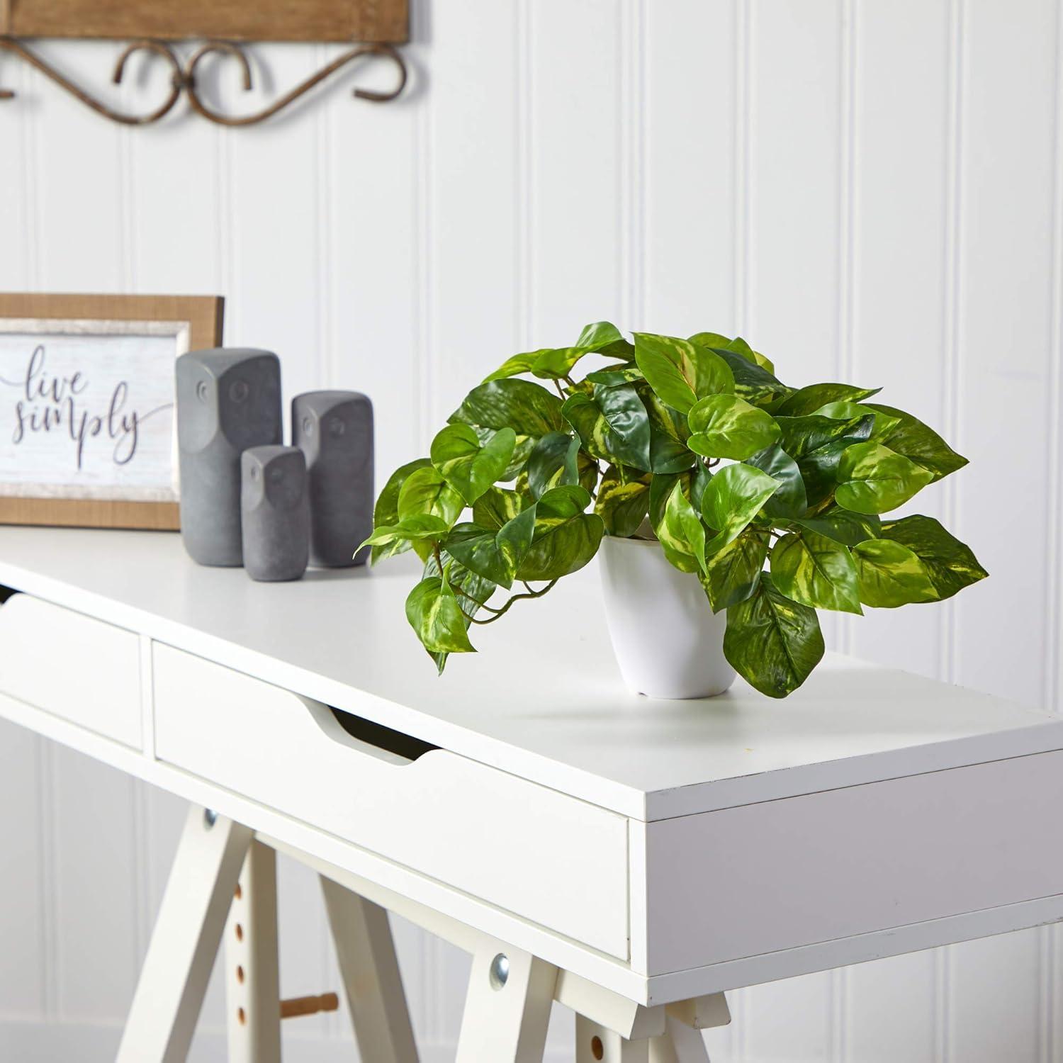 Nearly Natural 9-in Pothos Artificial Plant in White Planter (Real Touch)