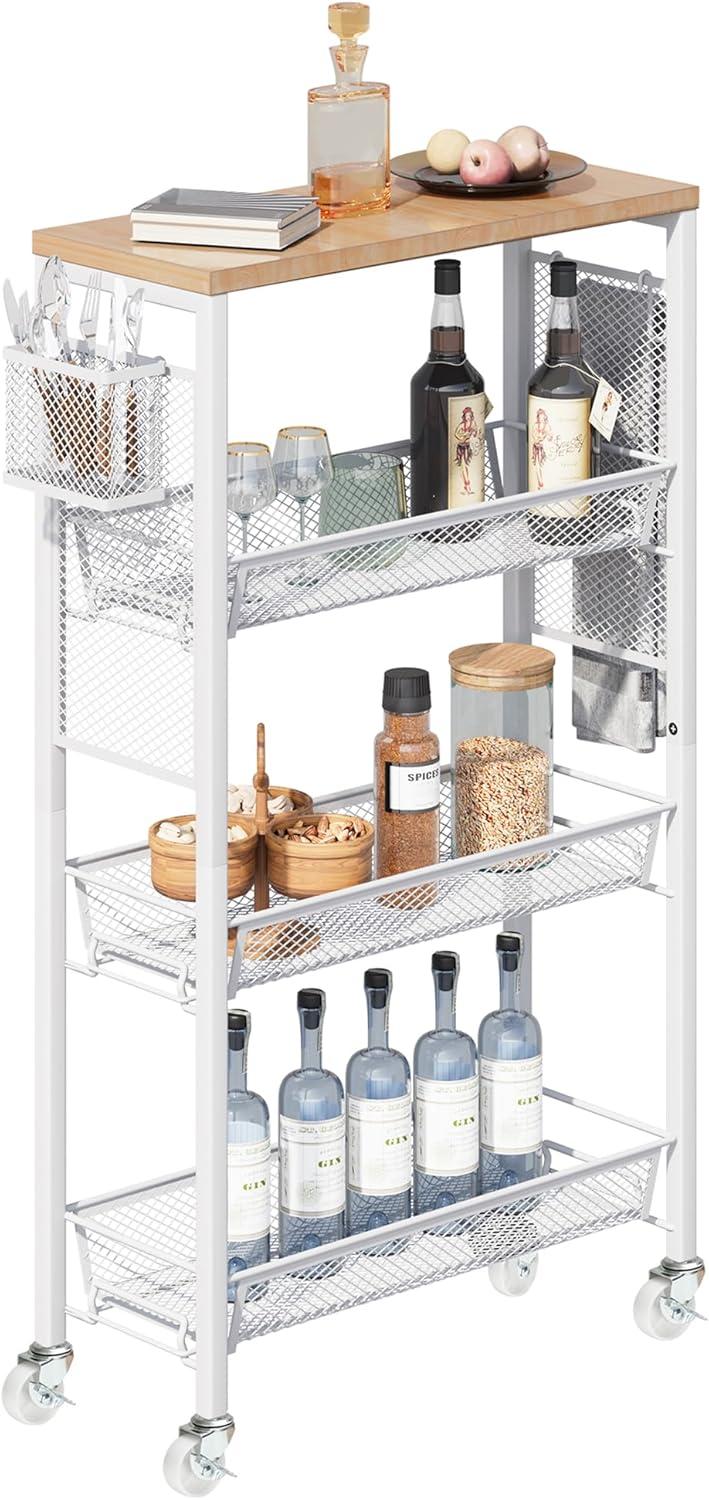 DWVO 4-Tier Slim Rolling Cart on Wheels, 34" Wooden Tabletop Kitchen Storage Organizer Cart with Wire Mesh Baskets, Slide-Out Storage Cart for Kitchen, Bathroom Living Room (White)