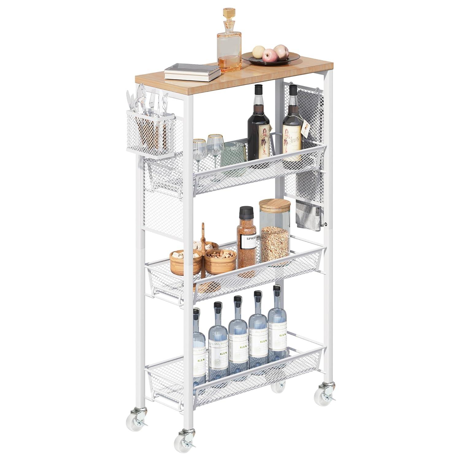 DWVO 4-Tier Slim Rolling Cart on Wheels, 34" Wooden Tabletop Kitchen Storage Organizer Cart with Wire Mesh Baskets, Slide-Out Storage Cart for Kitchen, Bathroom Living Room (White)