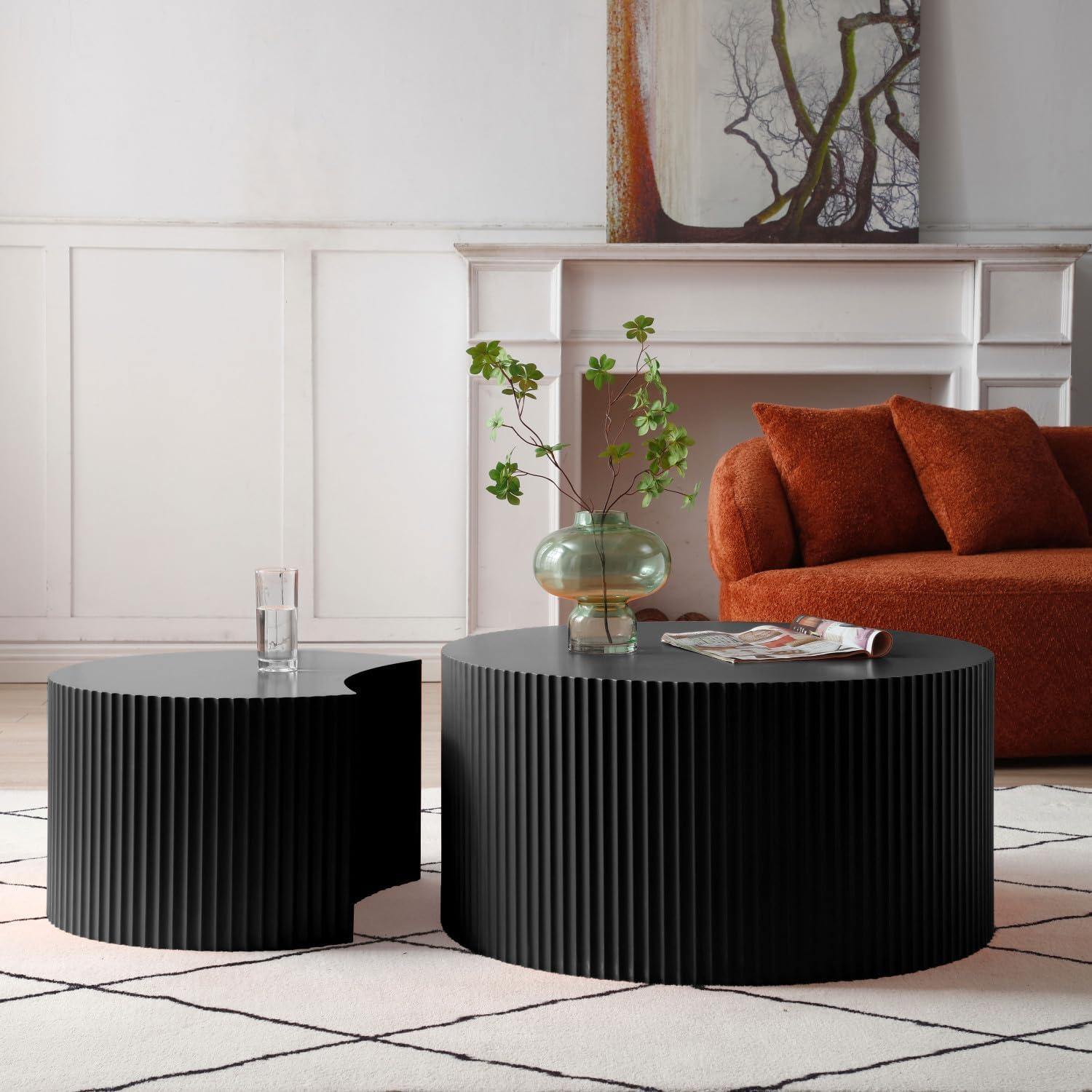 WILLIAMSPACE Nesting Coffee Table Set of 2, Matte Black Round Wooden Coffee Tables, Modern Luxury Side Tables Accent End Table for Living Room Apartment