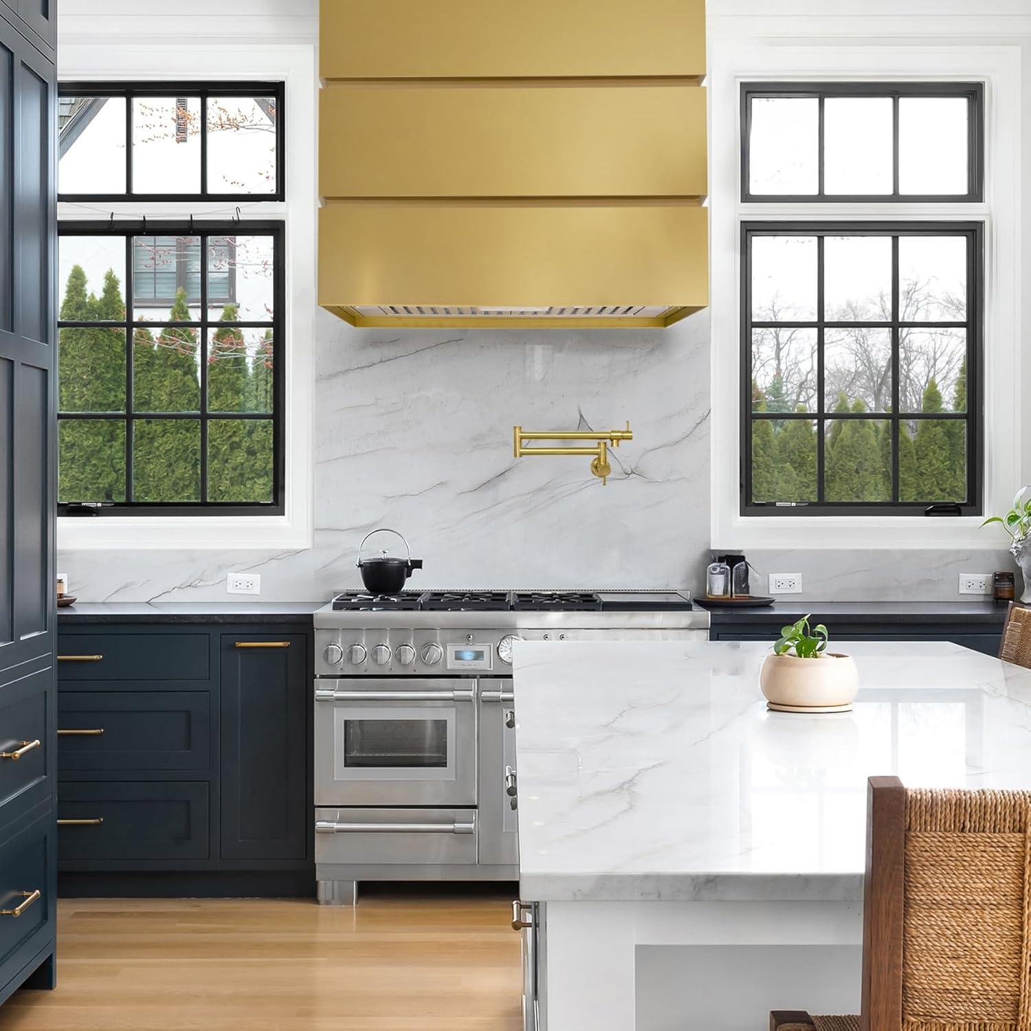 Akicon Stainless Steel Range Hood, Modern Box Kitchen Hood with Powerful Vent Motor, Wall Mount, 30”W*30”H*14D, Matte Gold (AKHS30H-MG)