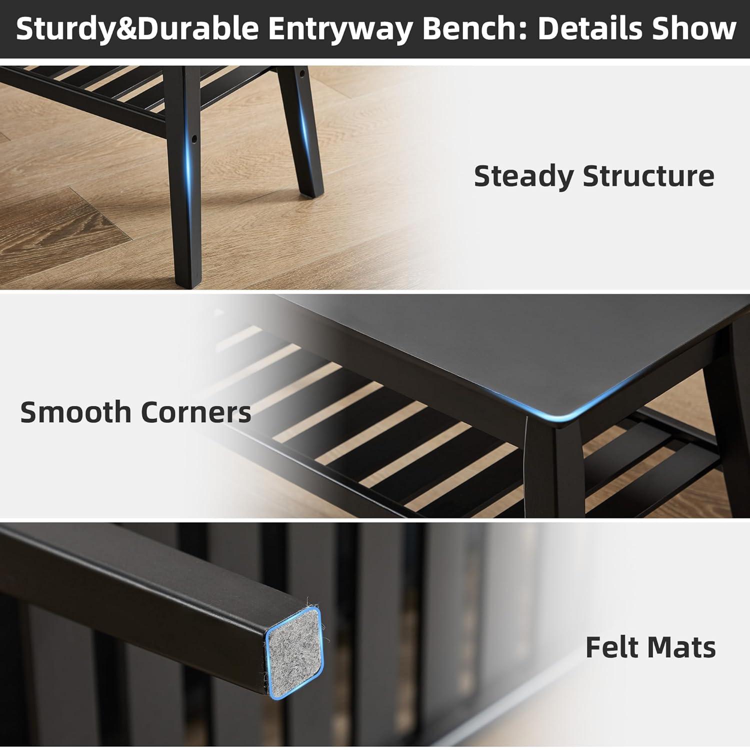 Nnewvante Bamboo Entryway Bench, 33.46" End of Bed Bench, 2 Tier Black Bench for Bedroom, Indoor Bench for Living Room, Dining Room, Hallway, Holds up to 300lbs